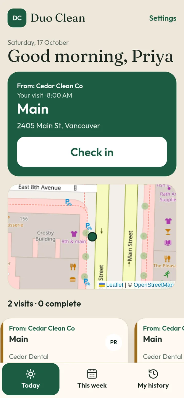 Worker Today with one Check in button